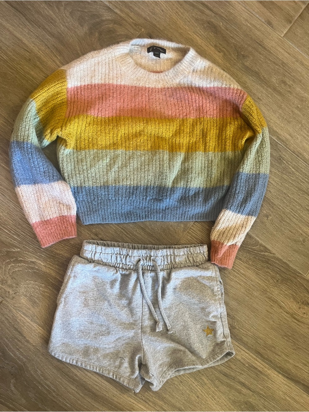art class Pastel Stripe Crewneck Sweater - and gray shorts